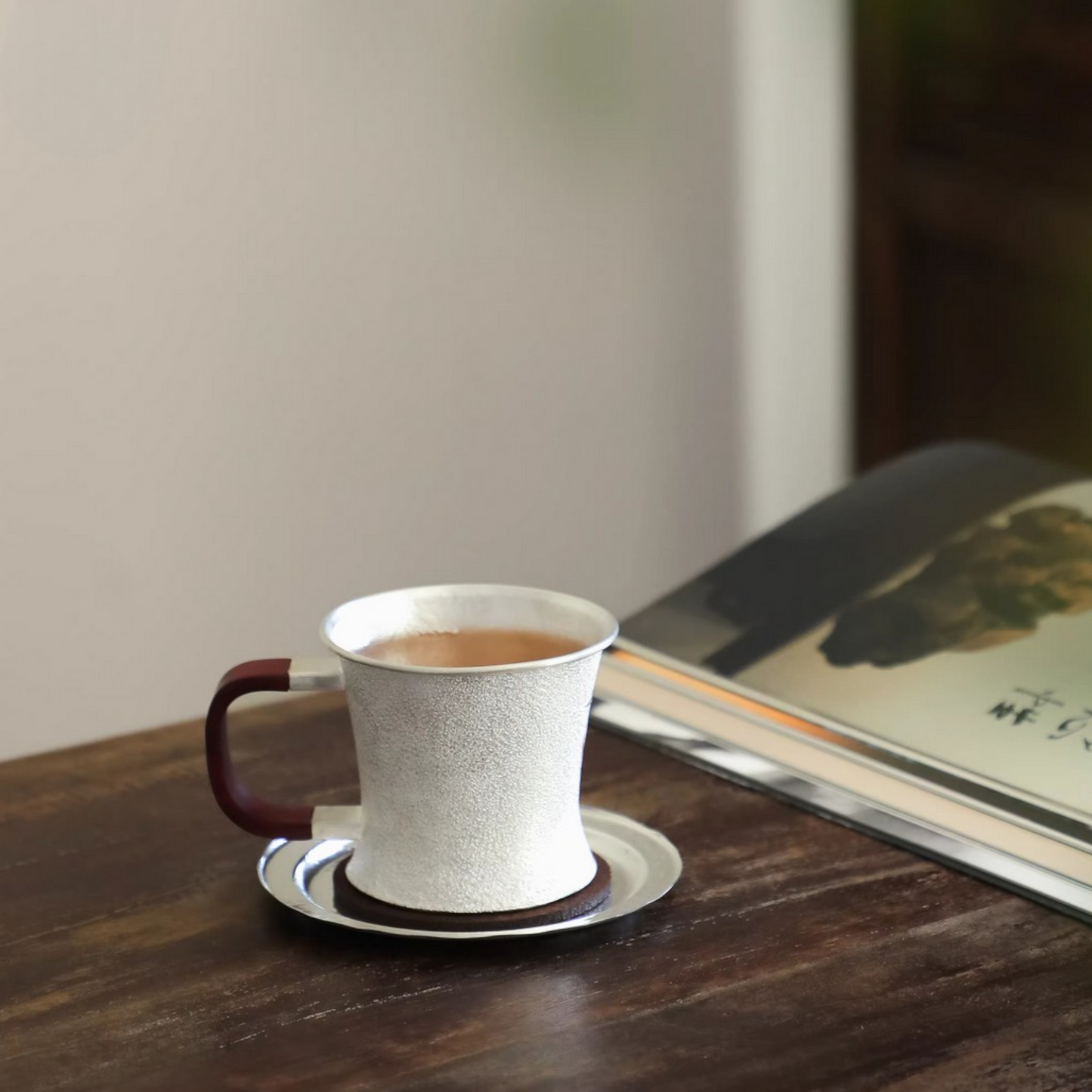s999 Handmade fine silver matte ‘Goldfinch’ Mug Sandalwood Handle Suitable for tea, coffee