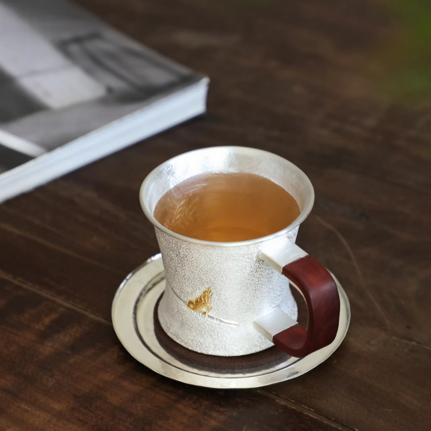 s999 Handmade fine silver matte ‘Goldfinch’ Mug Sandalwood Handle Suitable for tea, coffee