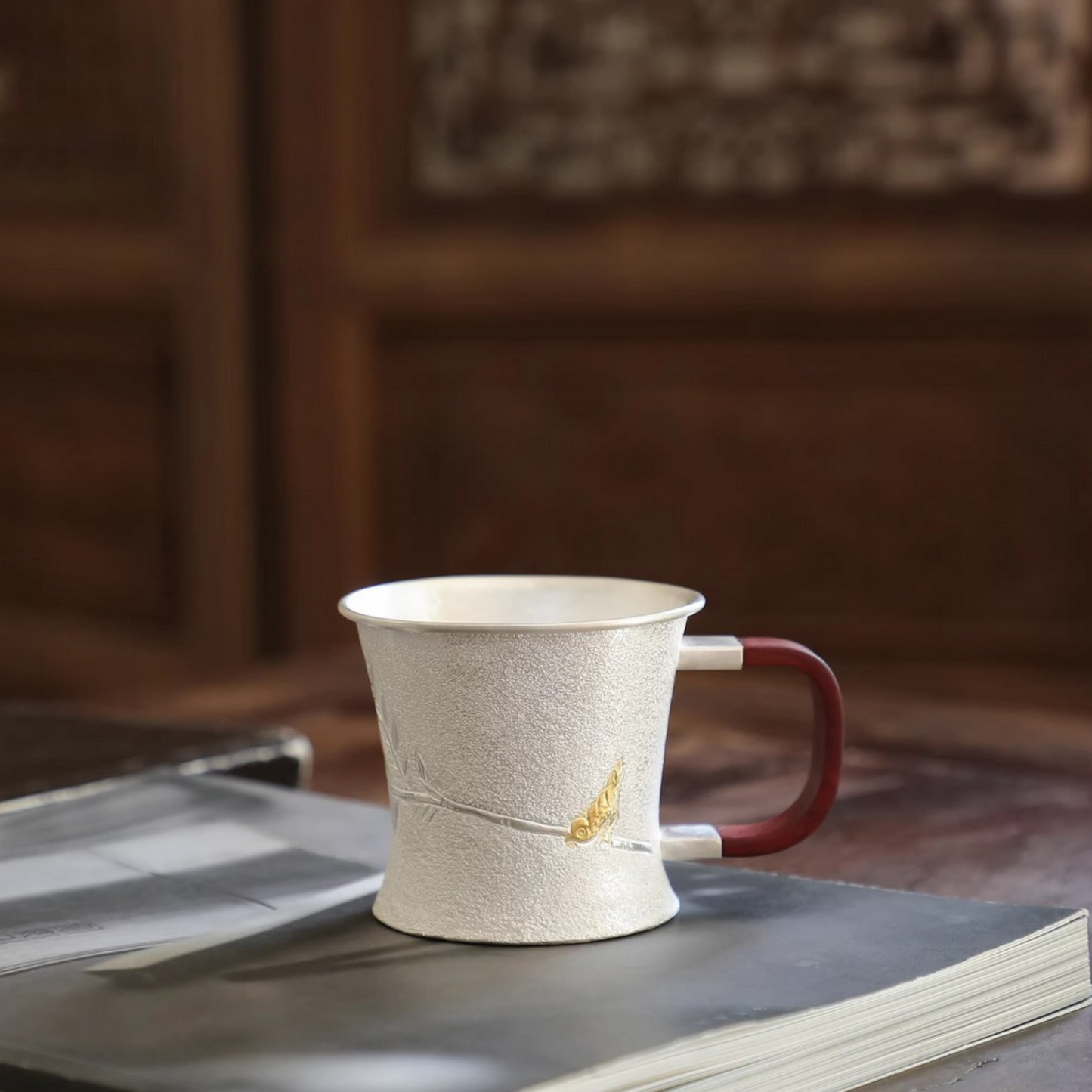 s999 Handmade fine silver matte ‘Goldfinch’ Mug Sandalwood Handle Suitable for tea, coffee