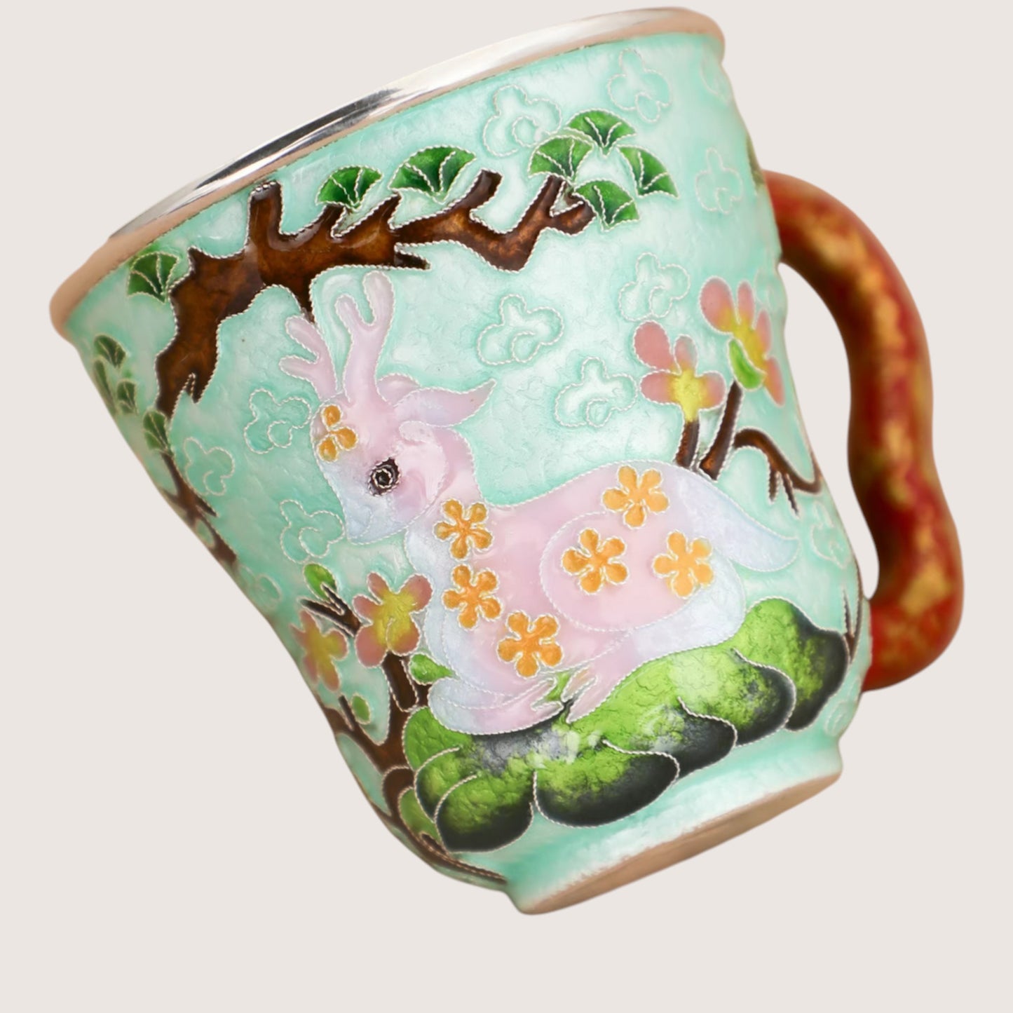 s999 Fine Silver Handcrafted Forest Deer Teacup Lacquer Cloisonné Cup