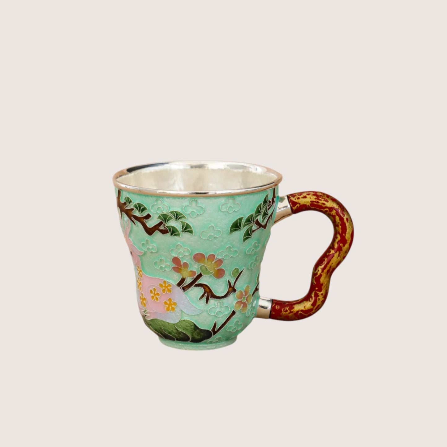 s999 Fine Silver Handcrafted Forest Deer Teacup Lacquer Cloisonné Cup