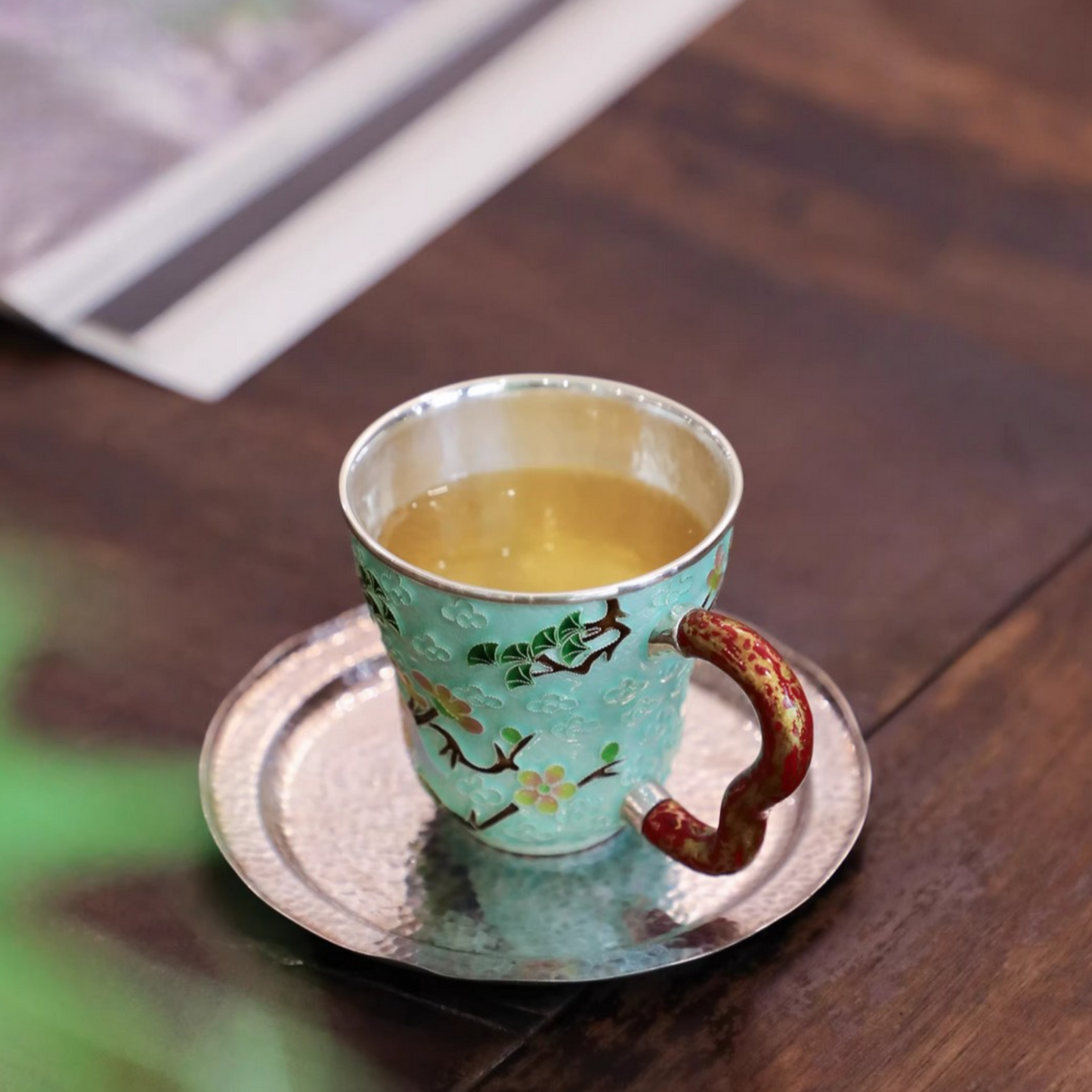 s999 Fine Silver Handcrafted Forest Deer Teacup Lacquer Cloisonné Cup