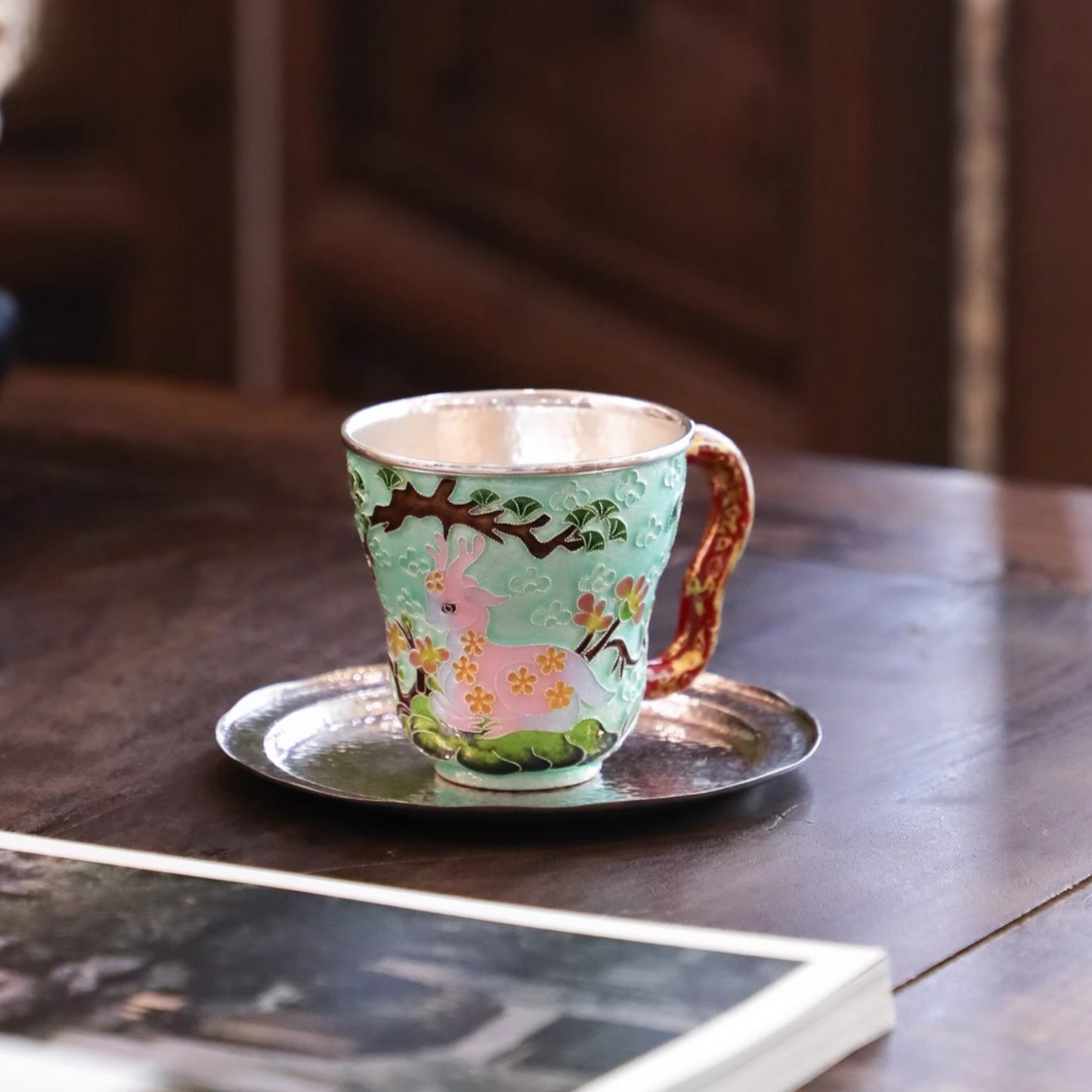 s999 Fine Silver Handcrafted Forest Deer Teacup Lacquer Cloisonné Cup