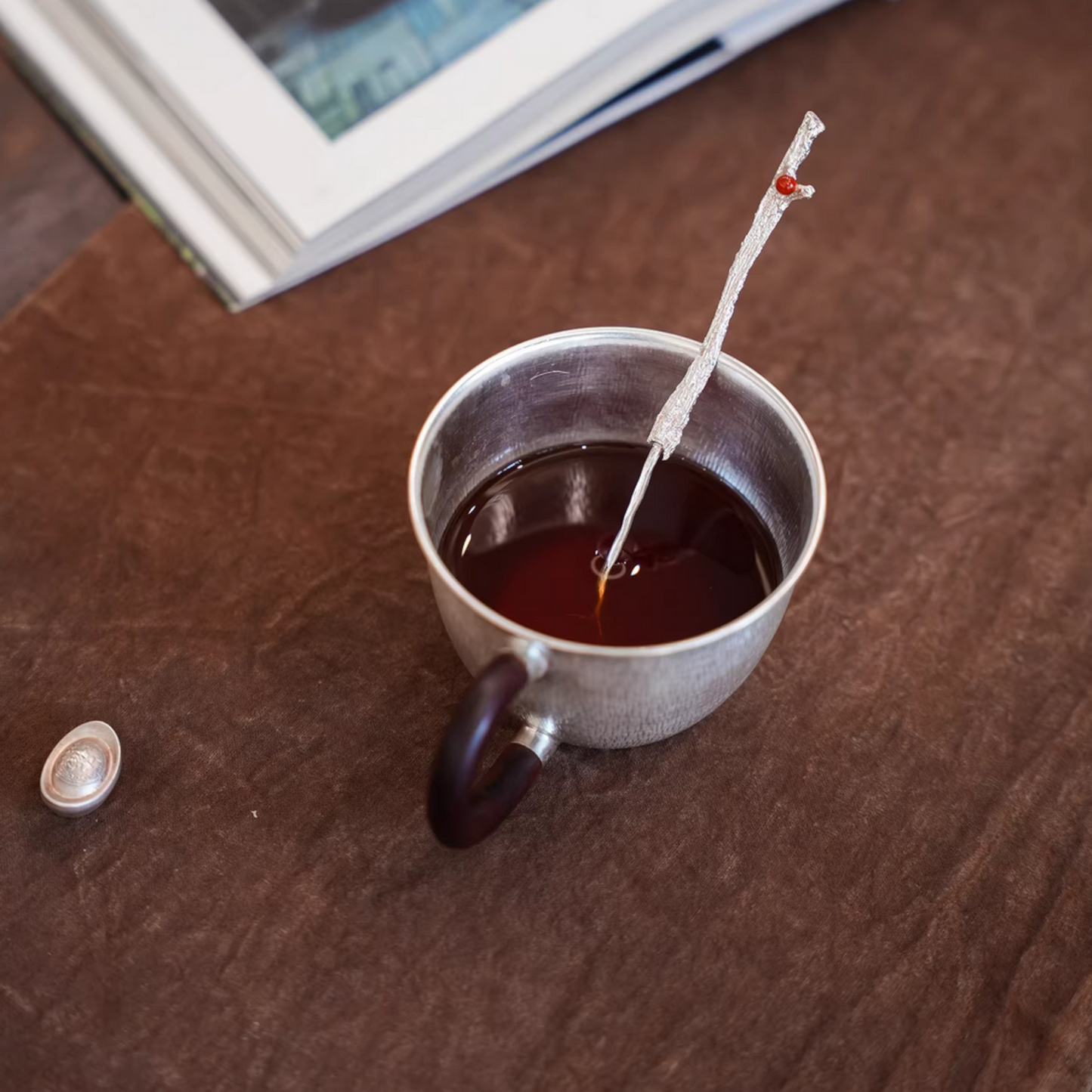 S999 Fine Silver Minimal Red Agate Stirrer Tea Spoon