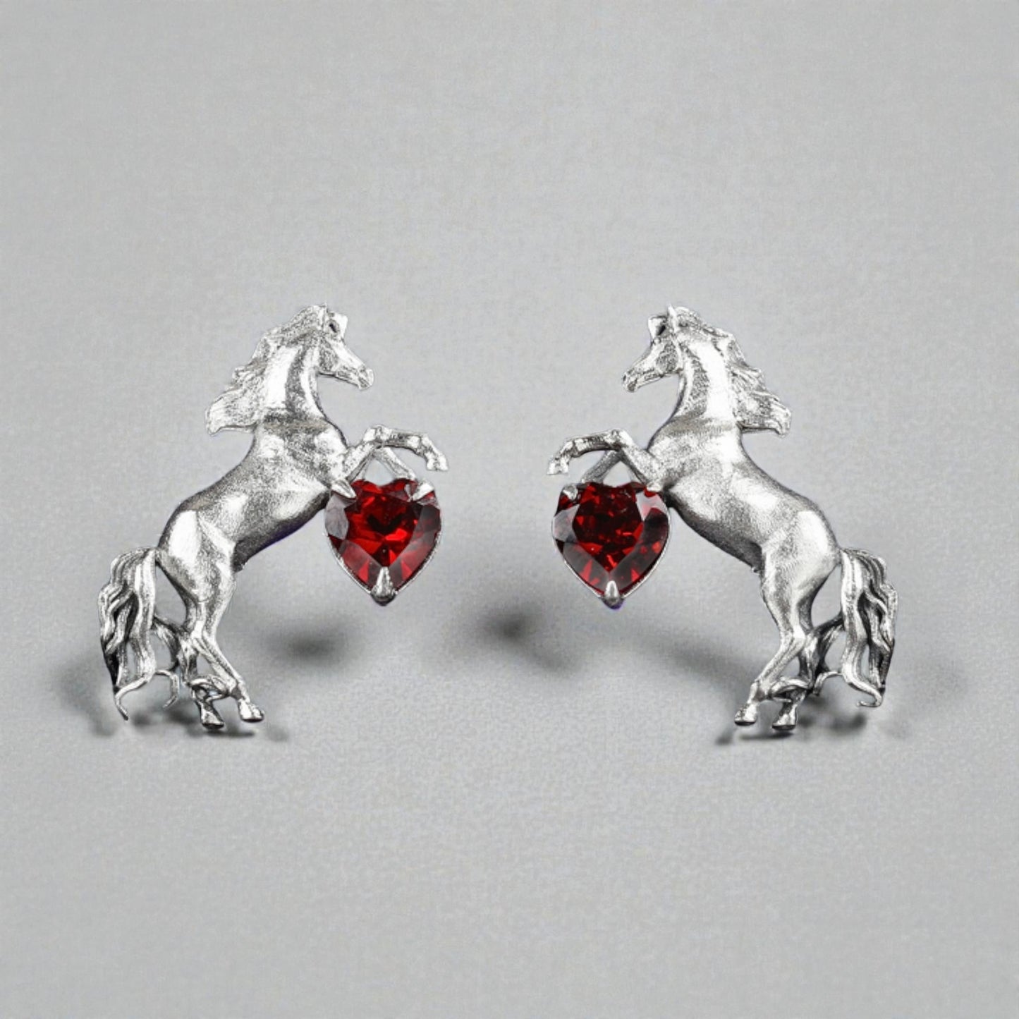 s925 Sterling Silver Inlaid with Garnet Horse Stud Earrings