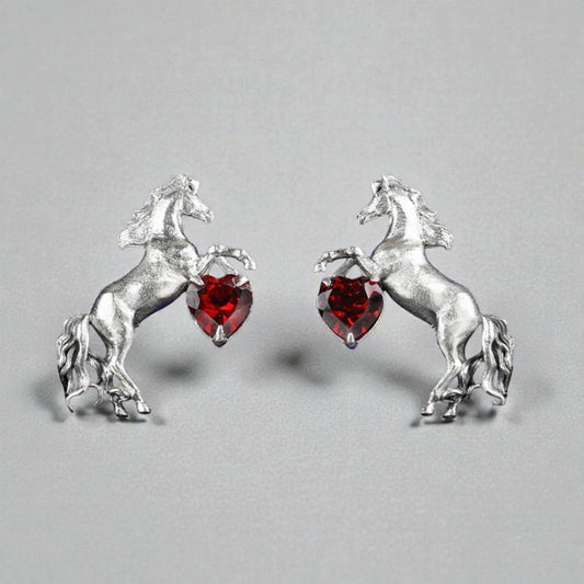 s925 Sterling Silver Inlaid with Garnet Horse Stud Earrings
