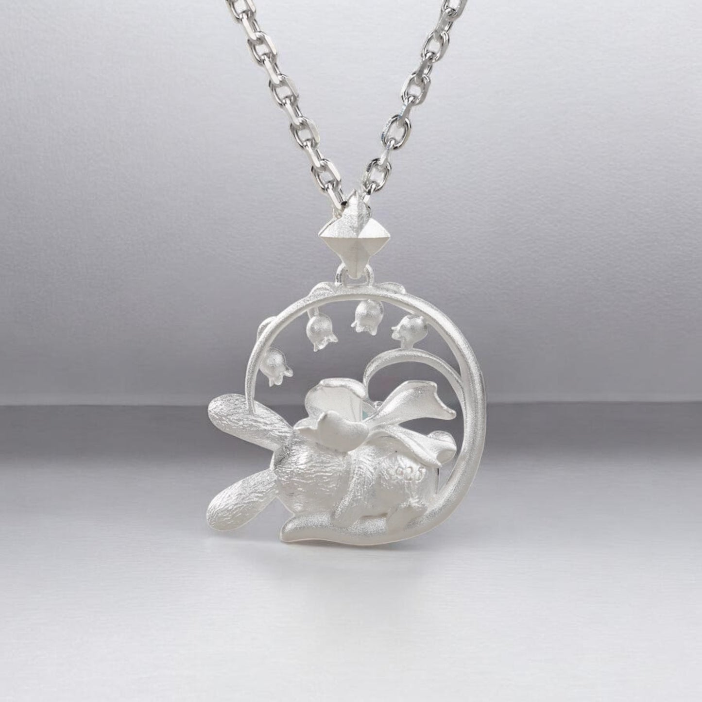 s925 Sterling Silver Cute Sleeping Bunny Rabbit Bluebell Flower Pendant Necklace