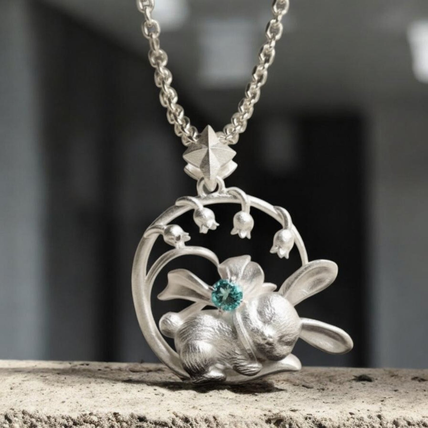 s925 Sterling Silver Cute Sleeping Bunny Rabbit Bluebell Flower Pendant Necklace