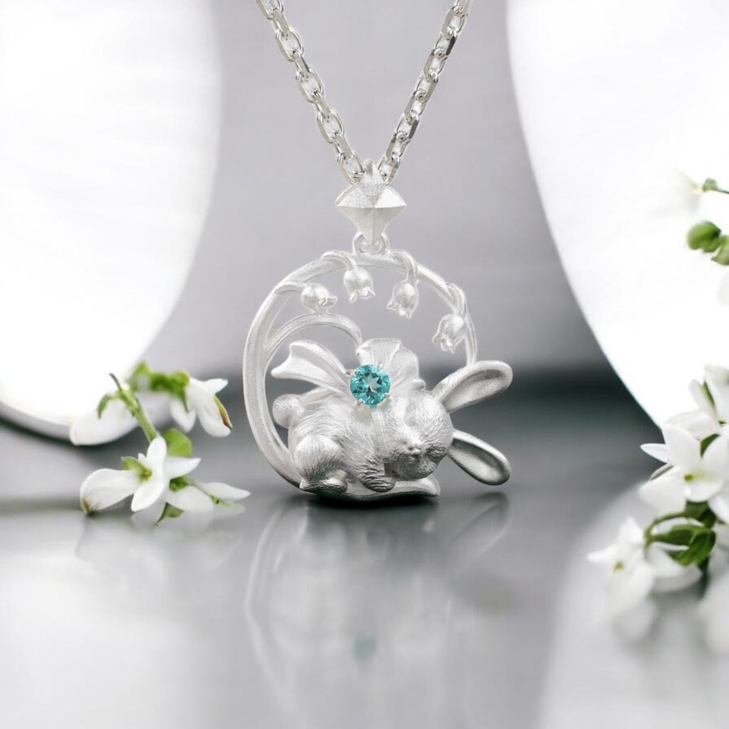 s925 Sterling Silver Cute Sleeping Bunny Rabbit Bluebell Flower Pendant Necklace