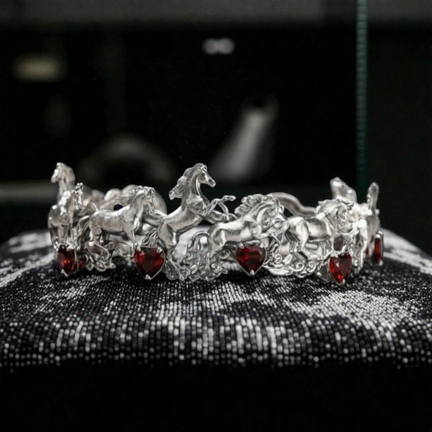 s925 Sterling Silver Red Garnet Horse Cuff Bangle