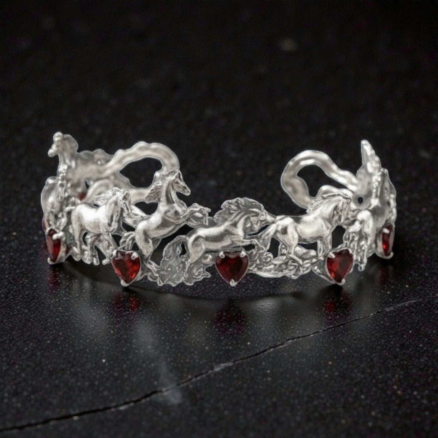 s925 Sterling Silver Red Garnet Horse Cuff Bangle