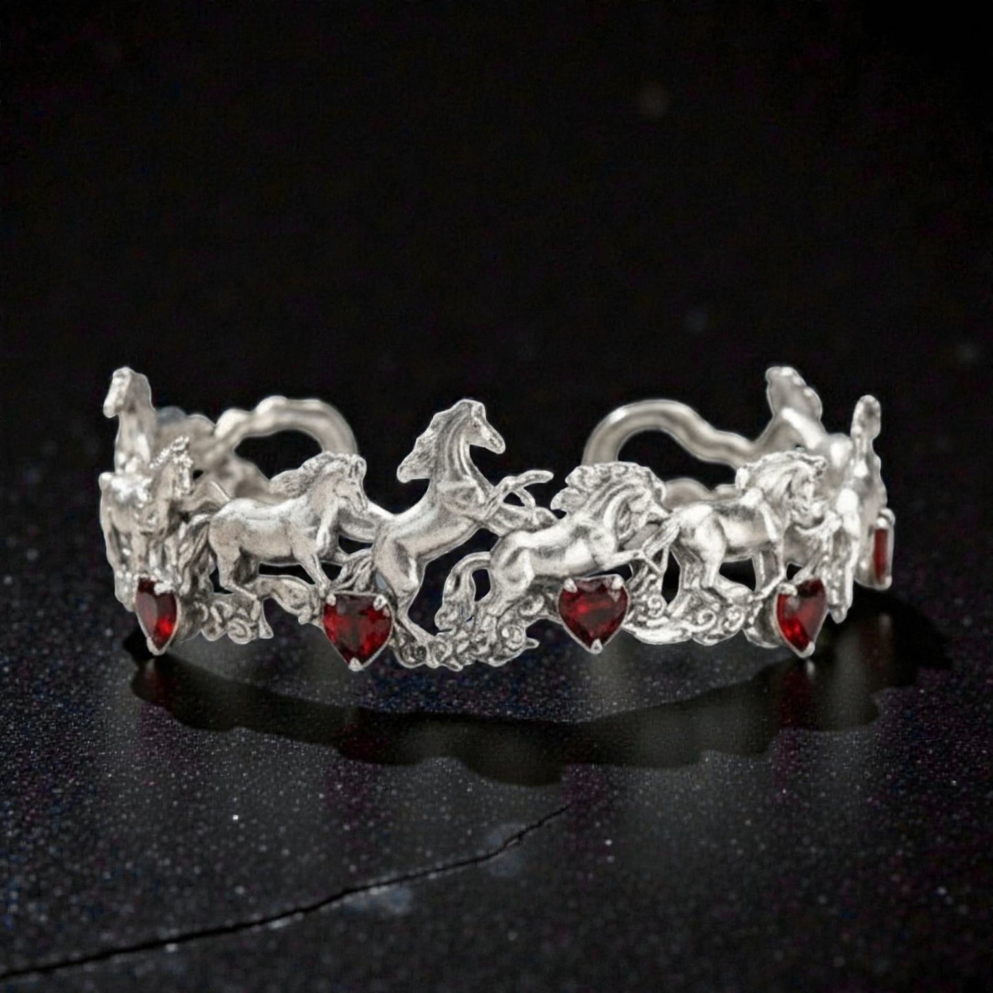 s925 Sterling Silver Red Garnet Horse Cuff Bangle