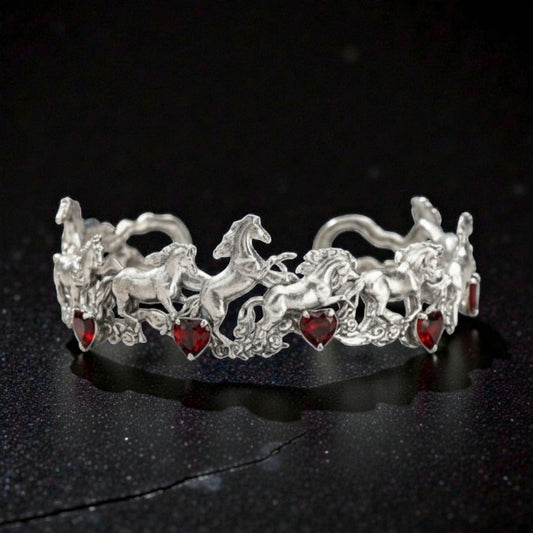 s925 Sterling Silver Red Garnet Horse Cuff Bangle