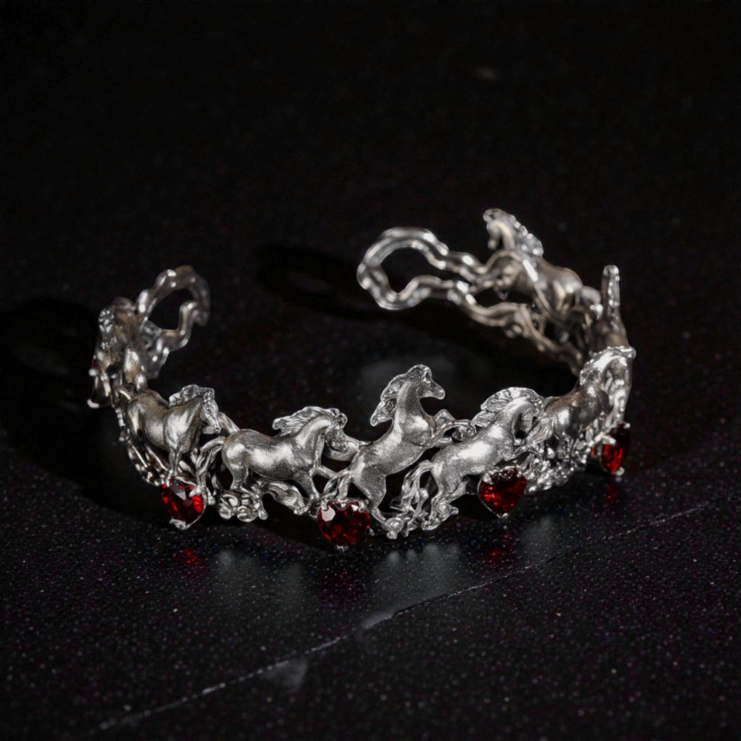 s925 Sterling Silver Red Garnet Horse Cuff Bangle