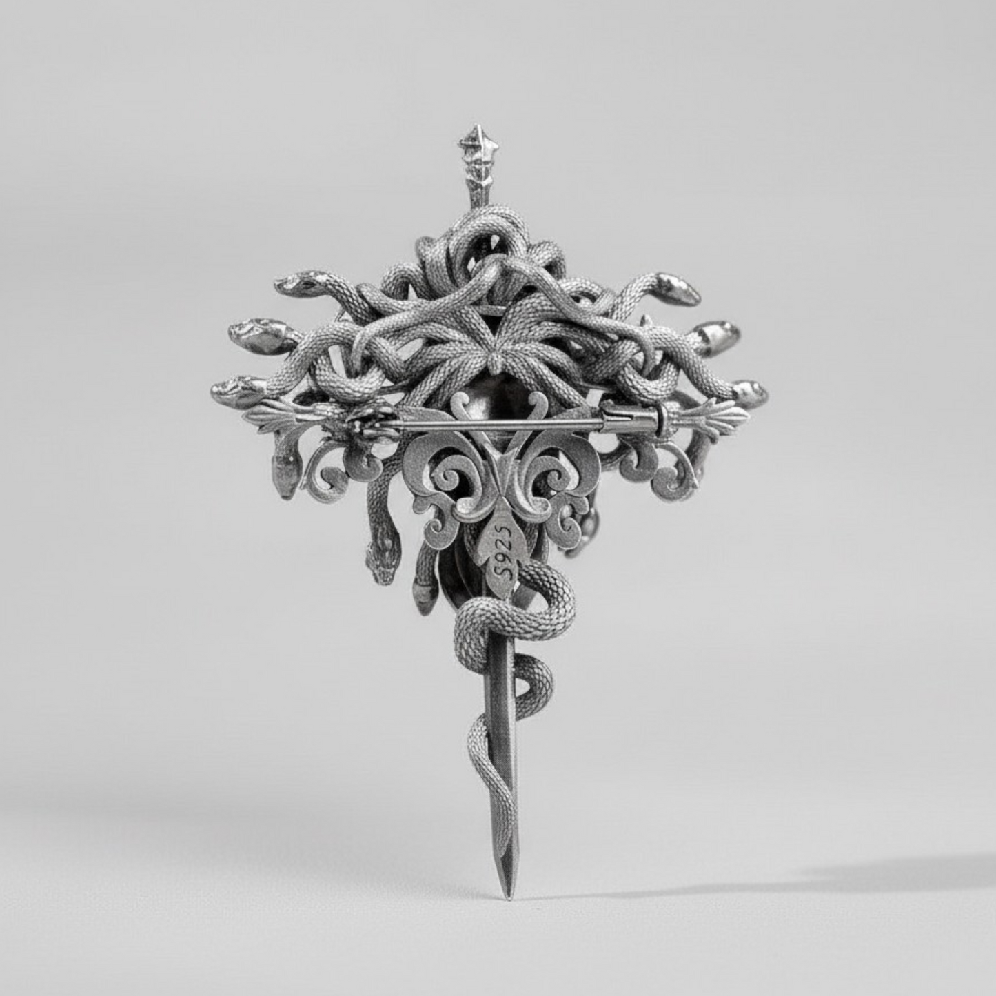 s925 Sterling Silver Garnet Medusa Sword Rose Pendant and Pin Brooch Duo