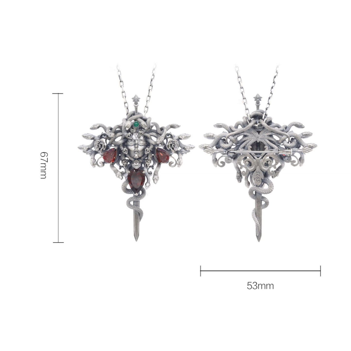 s925 Sterling Silver Garnet Medusa Sword Rose Pendant and Pin Brooch Duo