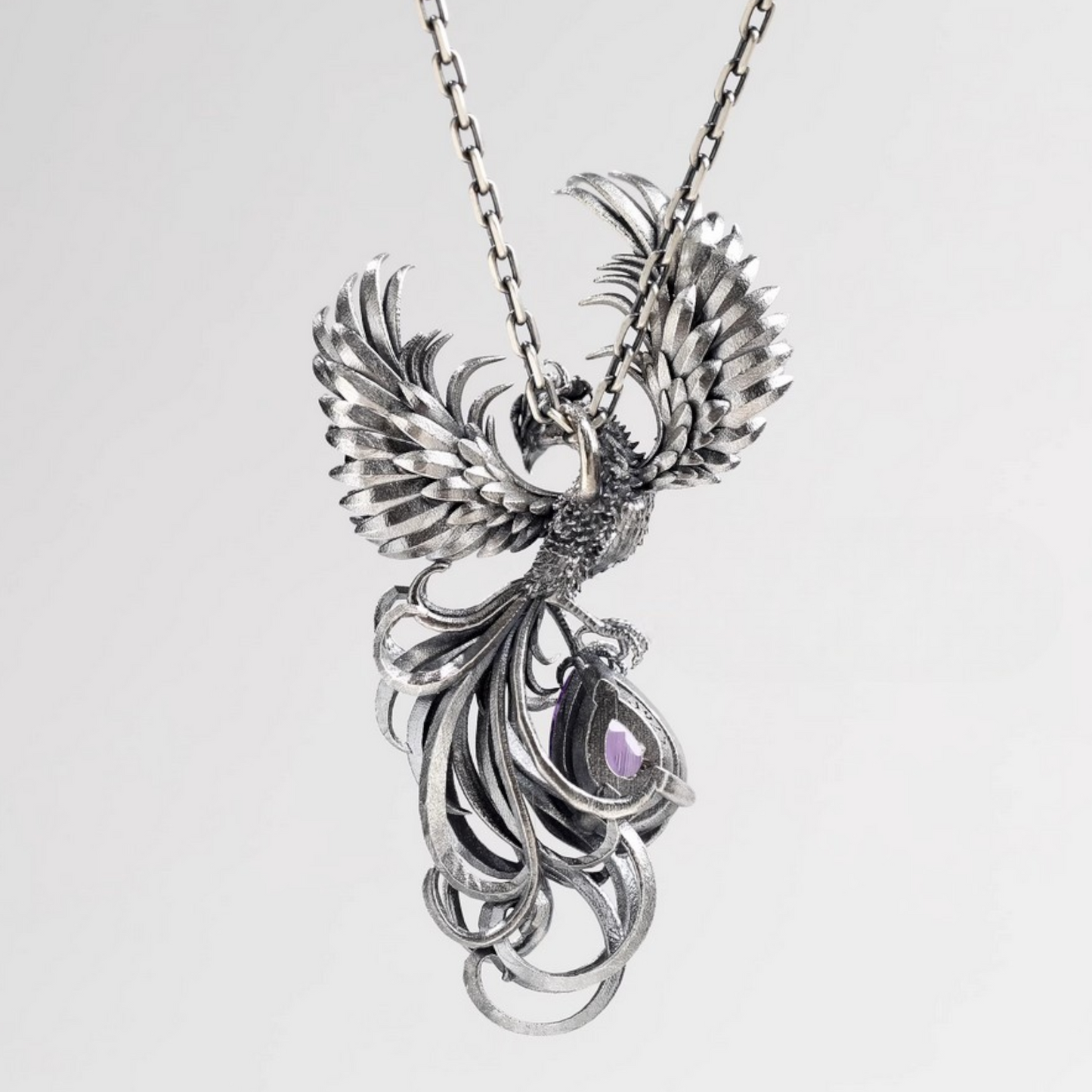 s925 Sterling Silver Vintage Purple Amethyst Phoenix Pendant Rebirth