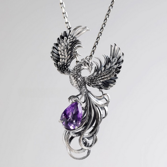 s925 Sterling Silver Vintage Purple Amethyst Phoenix Pendant Rebirth