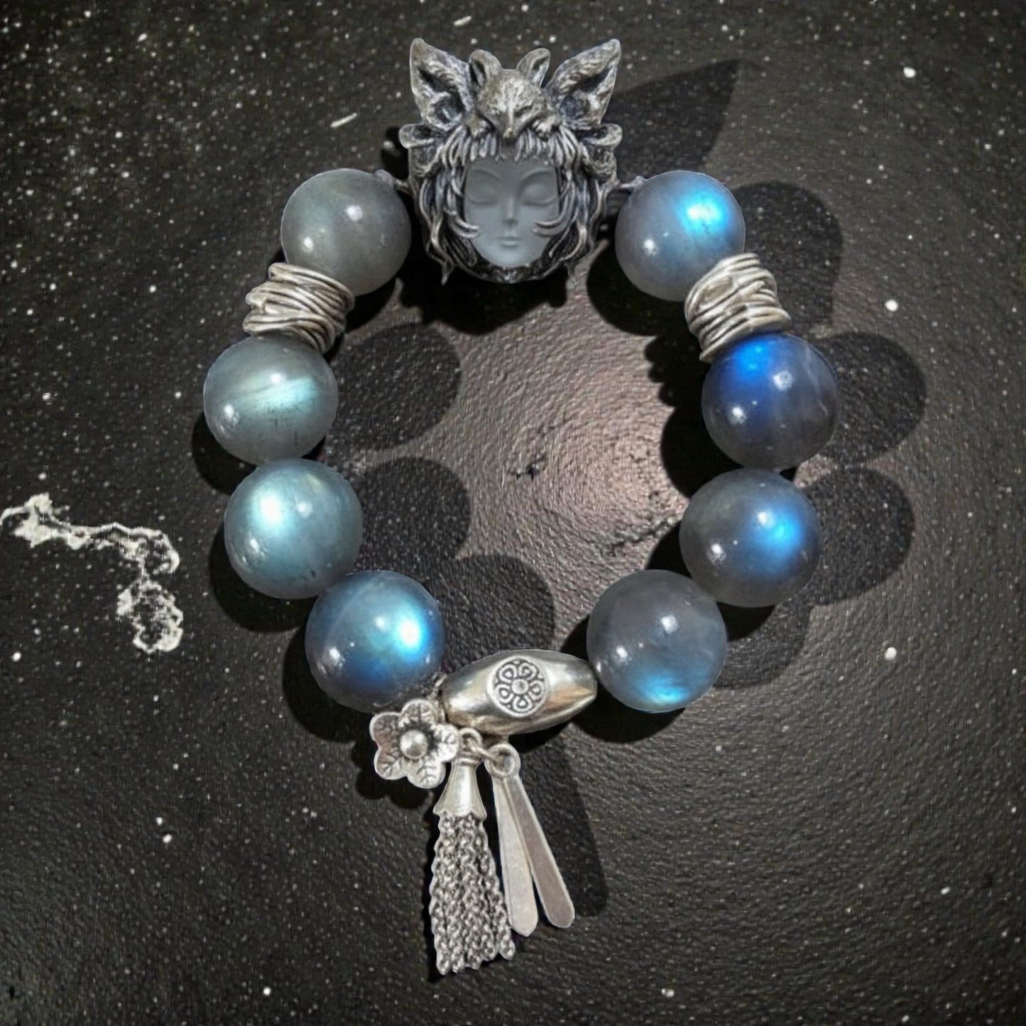 s925 Sterling Silver Jade-faced Fox Bracelet Natural Crystal bead Moonstone