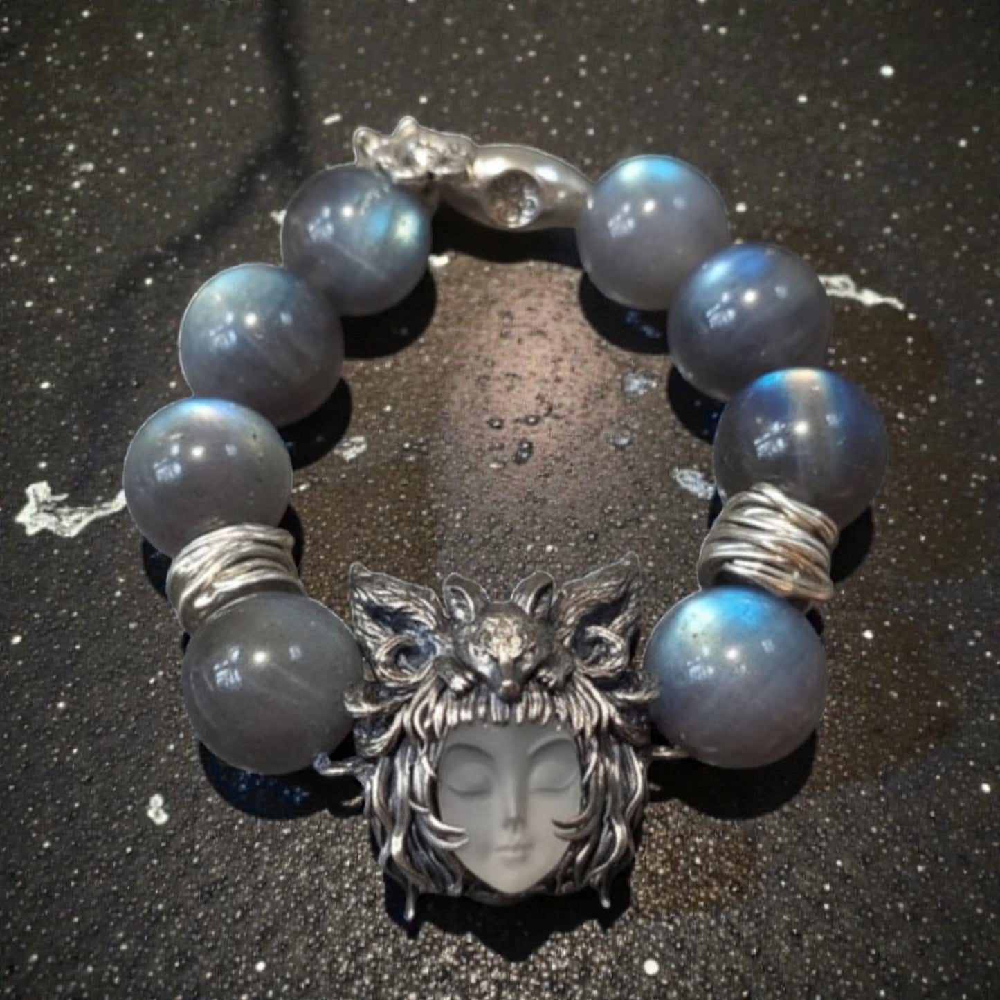 s925 Sterling Silver Jade-faced Fox Bracelet Natural Crystal bead Moonstone