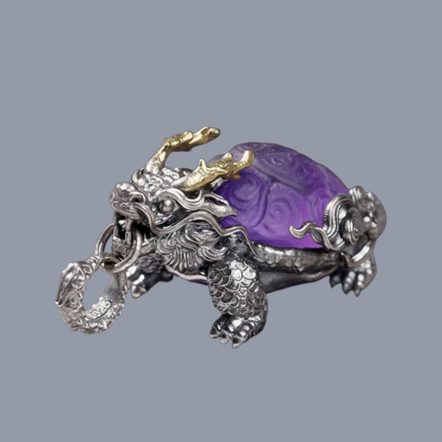 s925 Sterling Silver Vintage Amethyst Dragon-turtle Pendant Necklace,