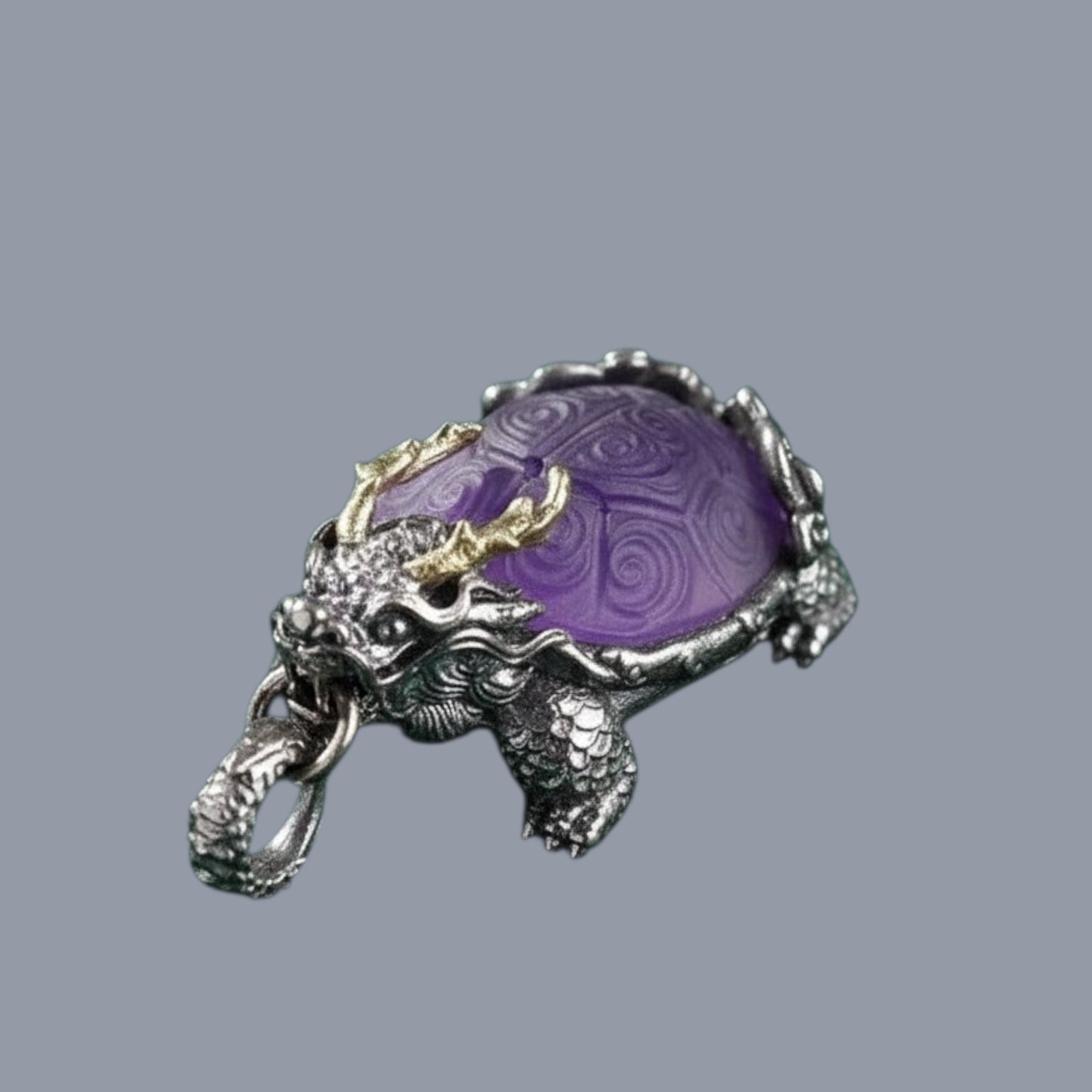 s925 Sterling Silver Vintage Amethyst Dragon-turtle Pendant Necklace,