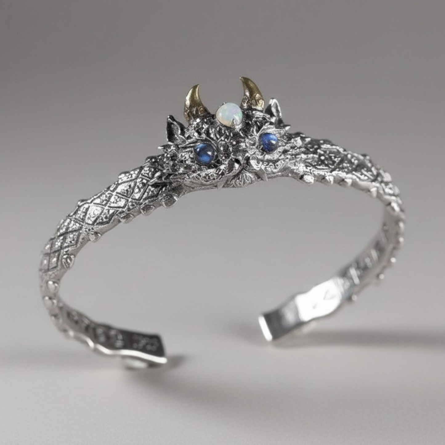 s925 Sterling Silver Vintage Mythical Beast Open-ended Opal Cuff Bangle Bracelet