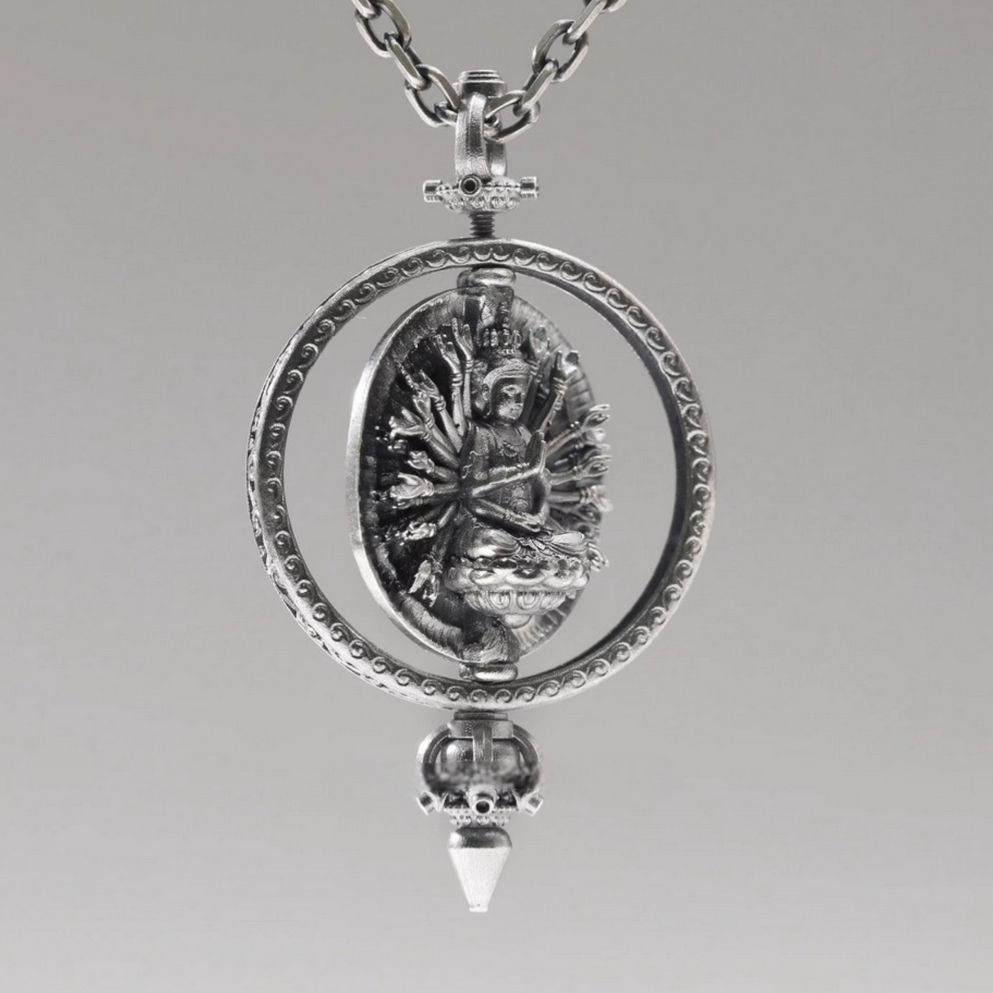 s925 Sterling Silver Rotatable Thousand-Armed Avalokiteshvara Buddha Statue Pendant