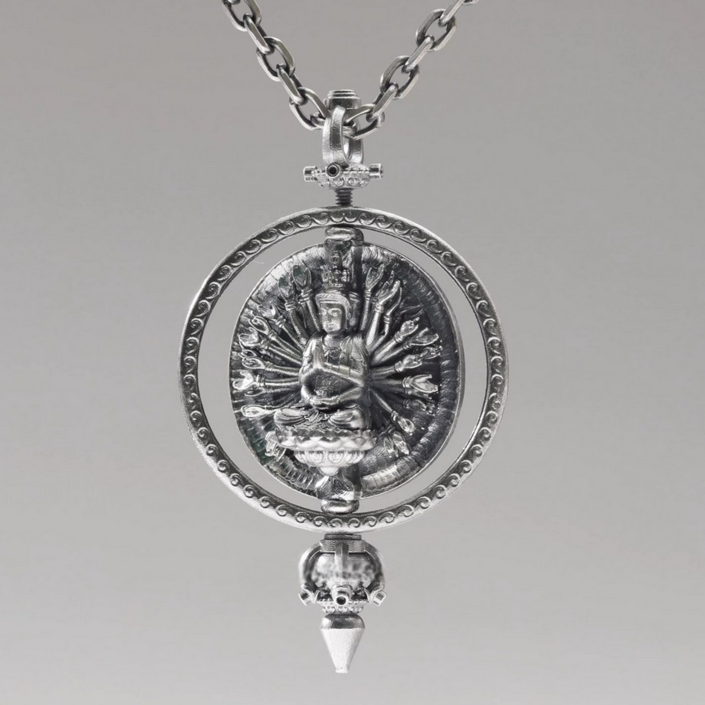 s925 Sterling Silver Rotatable Thousand-Armed Avalokiteshvara Buddha Statue Pendant