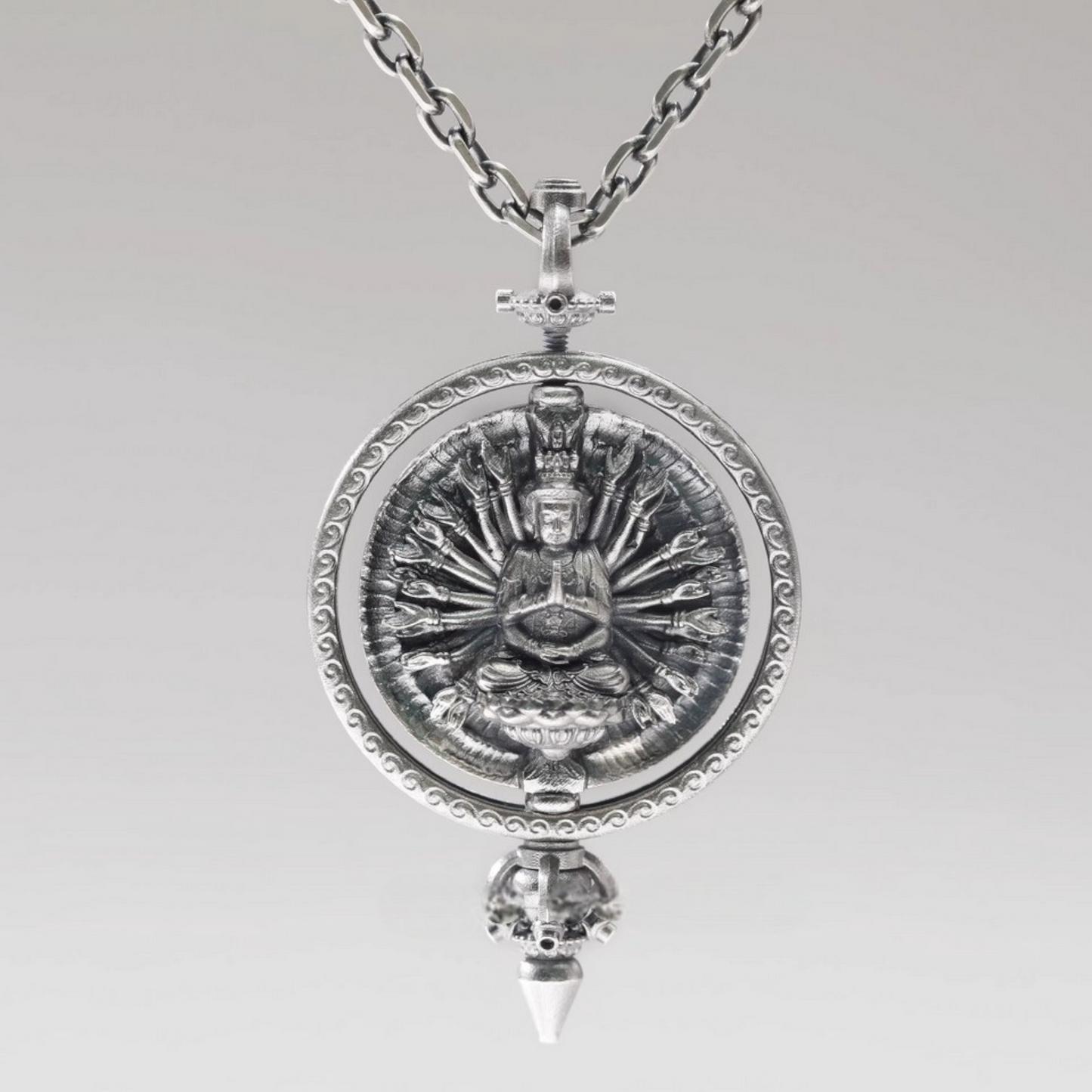 s925 Sterling Silver Rotatable Thousand-Armed Avalokiteshvara Buddha Statue Pendant