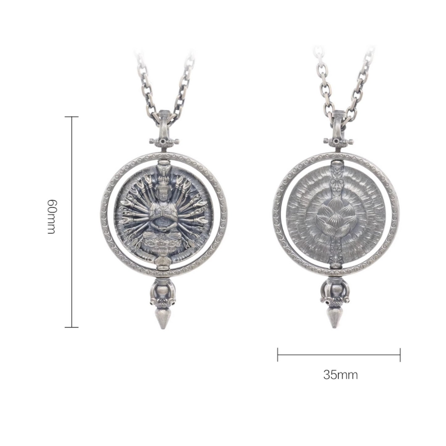s925 Sterling Silver Rotatable Thousand-Armed Avalokiteshvara Buddha Statue Pendant