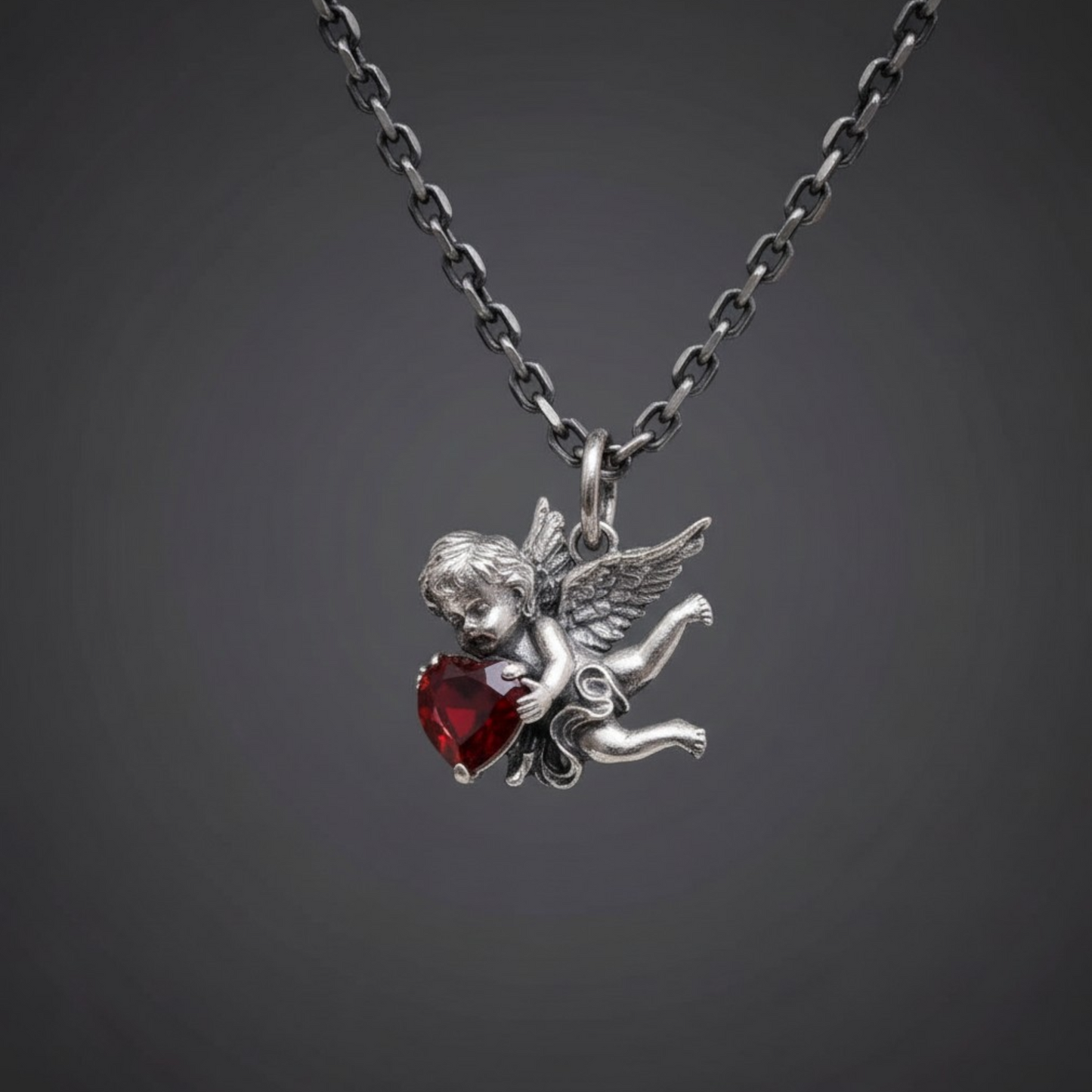 s925 Sterling Silver Vintage Cupid Garnet Love Pendant
