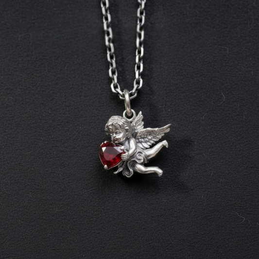s925 Sterling Silver Vintage Cupid Garnet Love Pendant