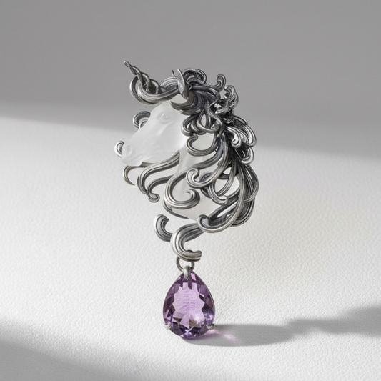 s925 Sterling Silver Vintage Amethyst Purple Unicorn Pendant