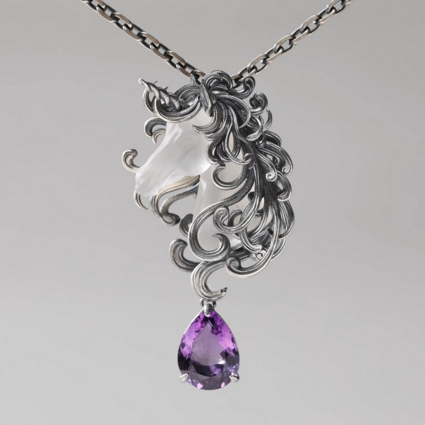 s925 Sterling Silver Vintage Amethyst Purple Unicorn Pendant