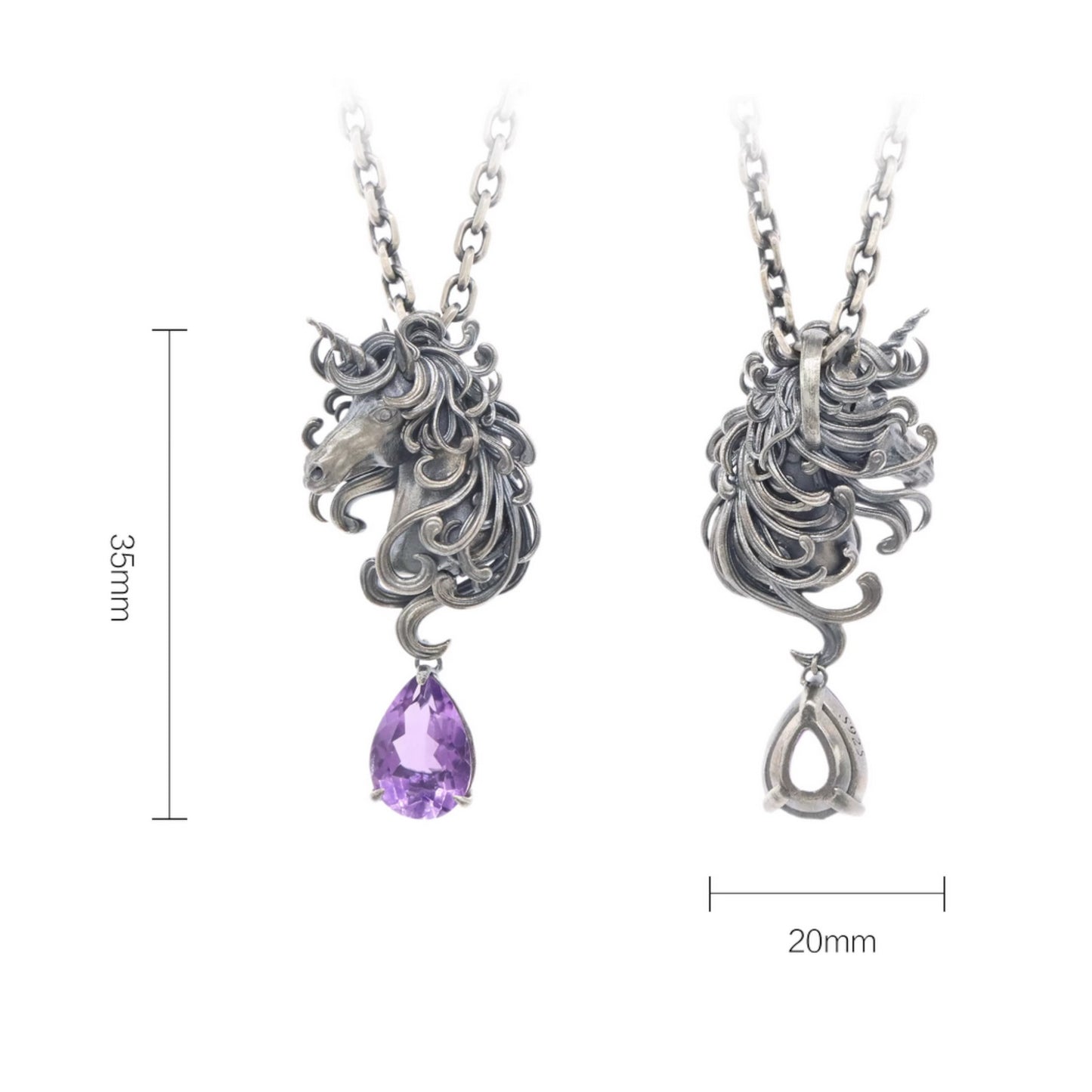 s925 Sterling Silver Vintage Amethyst Purple Unicorn Pendant