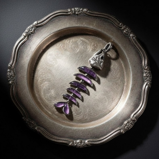 s925 Sterling Silver Vintage Amethyst Fish Bone Pendant