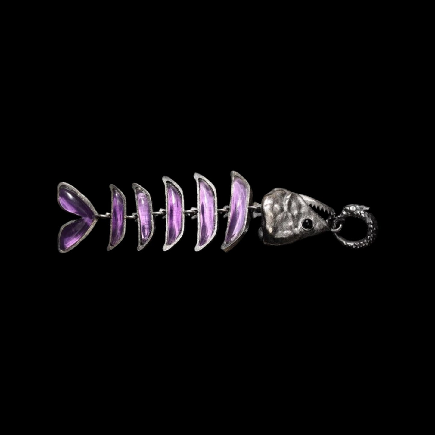 s925 Sterling Silver Vintage Amethyst Fish Bone Pendant