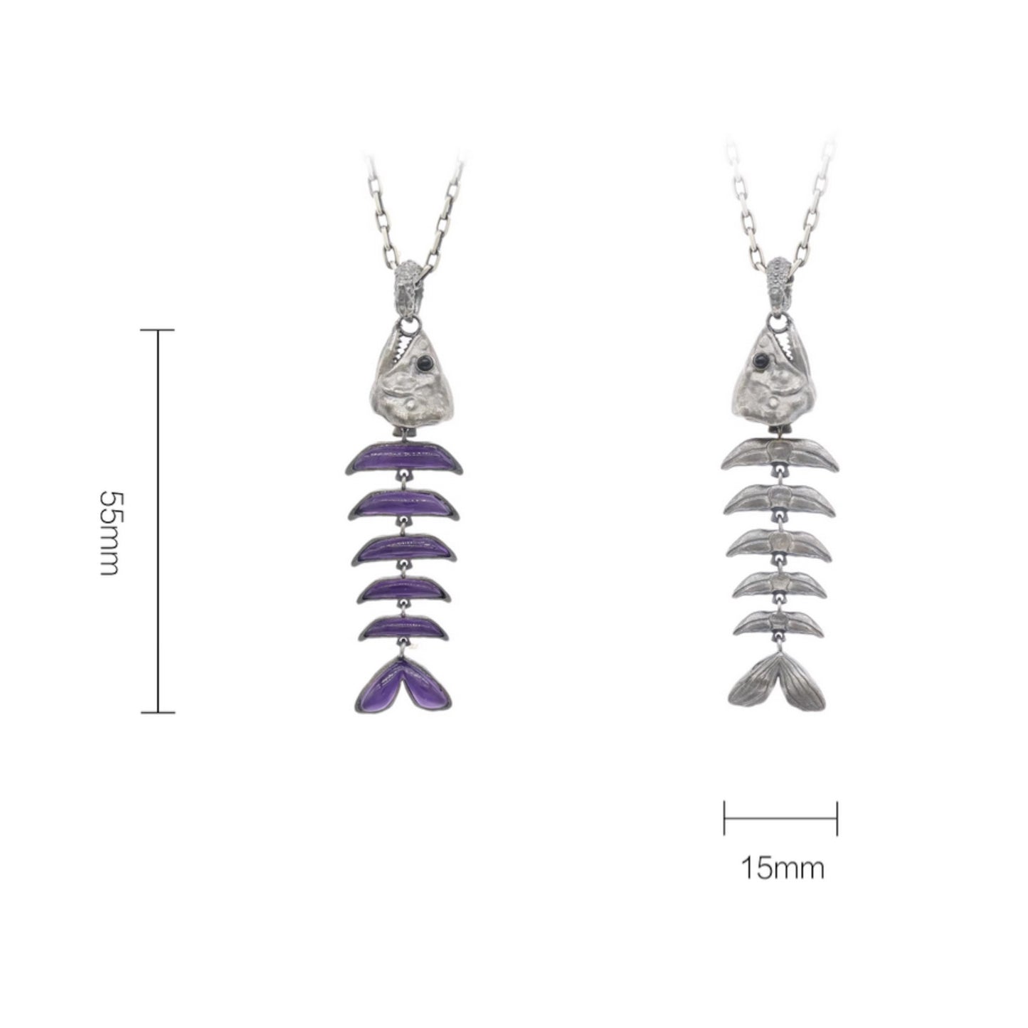 s925 Sterling Silver Vintage Amethyst Fish Bone Pendant