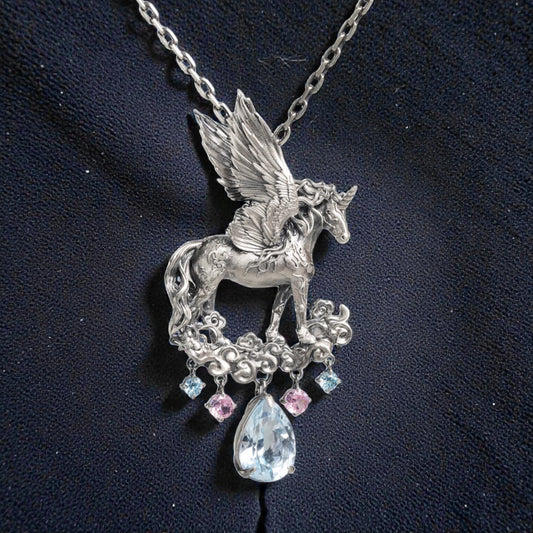s925 Sterling Silver Dreamy Unicorn Auspicious Cloud Pendant and Necklace