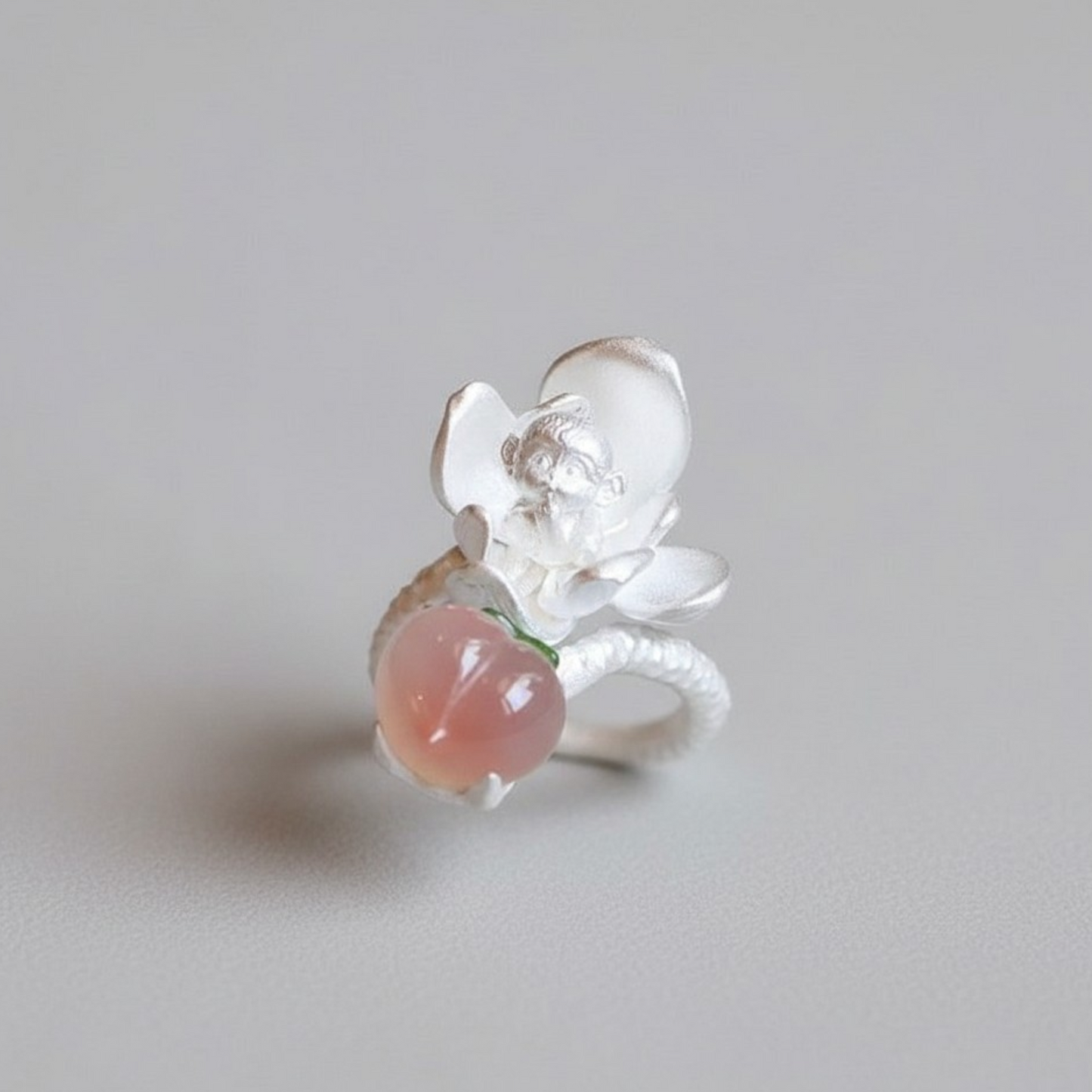 s925 Sterling Silver Open Band Monkey and Peach Ring