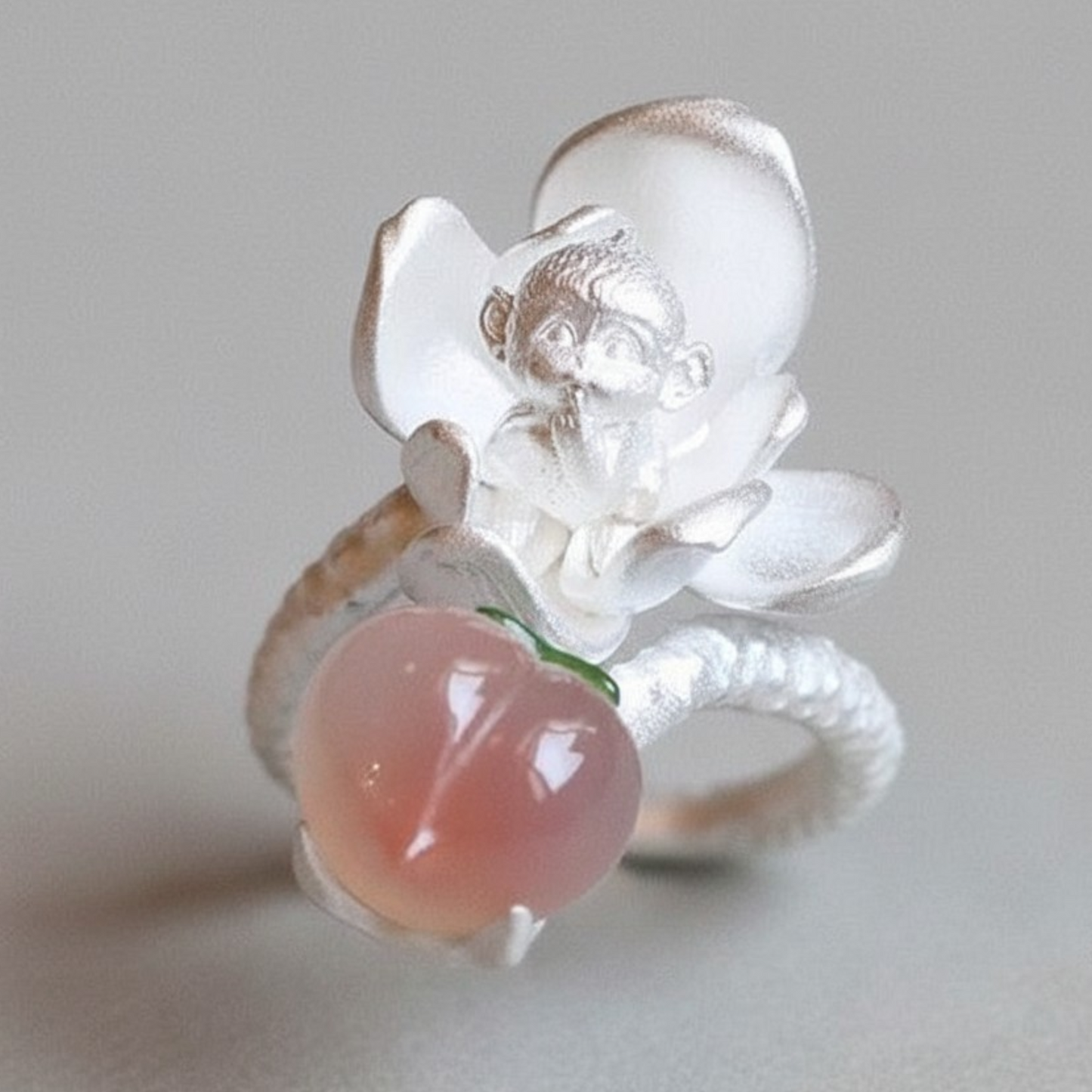 s925 Sterling Silver Open Band Monkey and Peach Ring