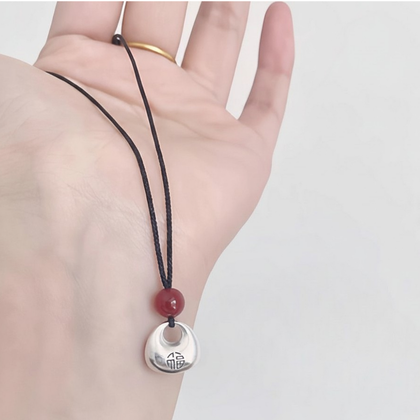 999 Fine Solid Silver Chinese Safety Pendant Agate Cord Necklace