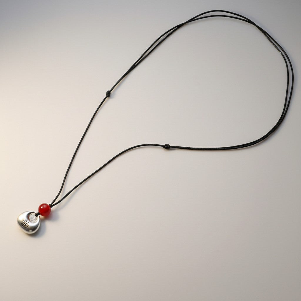 999 Fine Solid Silver Chinese Safety Pendant Agate Cord Necklace