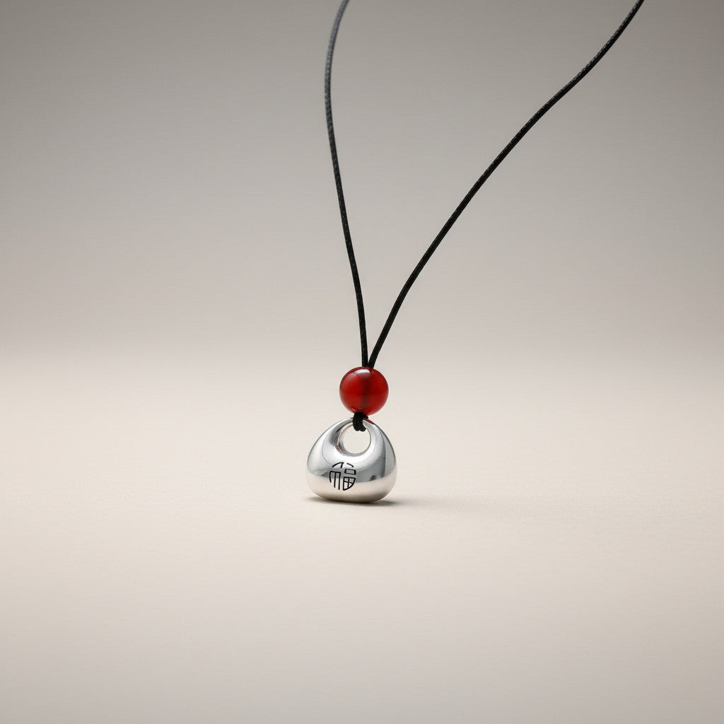 999 Fine Solid Silver Chinese Safety Pendant Agate Cord Necklace
