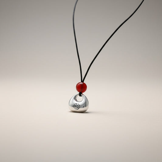 999 Fine Solid Silver Chinese Safety Pendant Agate Cord Necklace