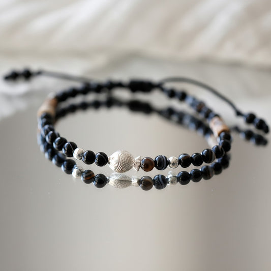 990 Fine Silver Good Luck Koi Fish Charm Braided Agate and natural Stone Bracelet