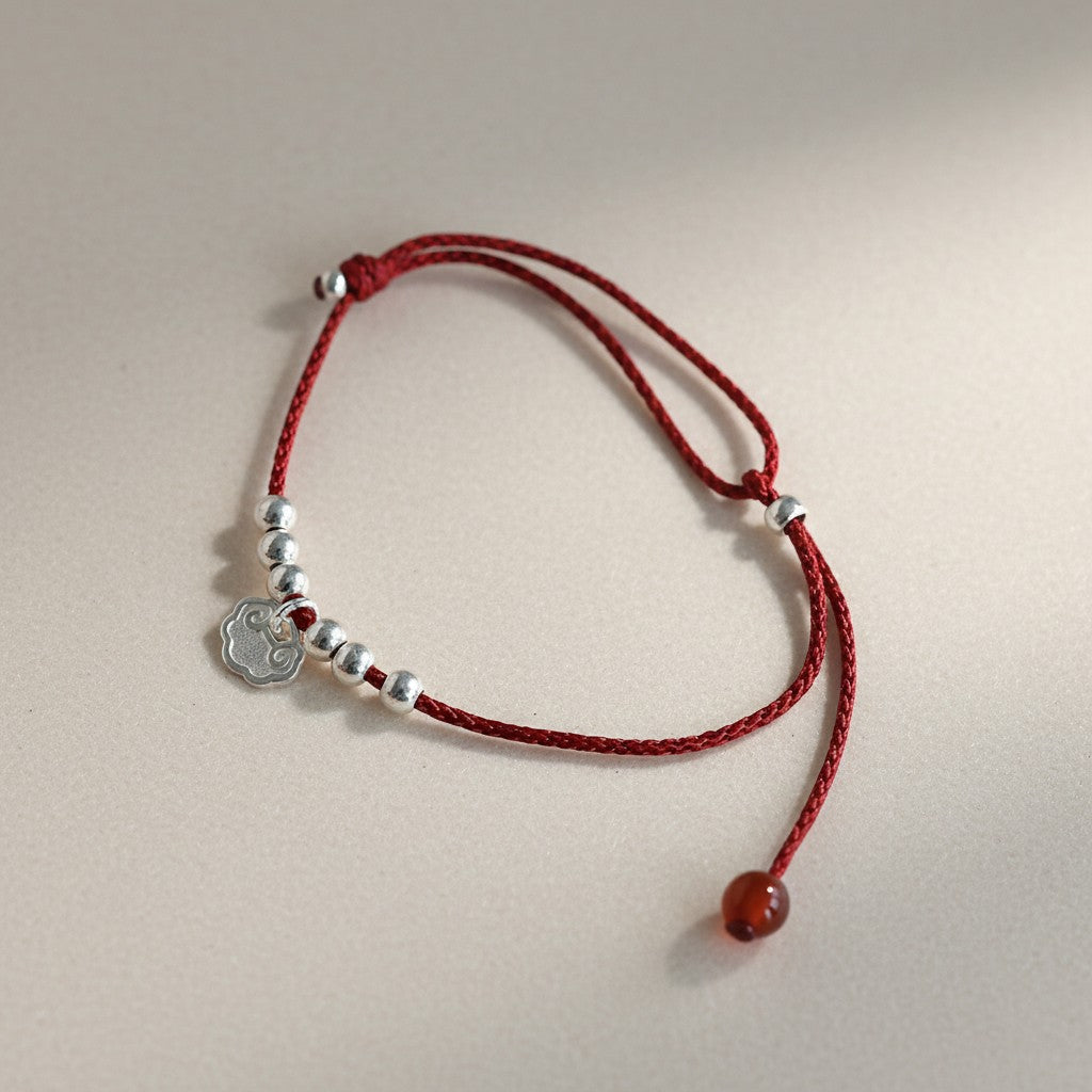 999 Fine Silver Chinese-Style Auspicious Cloud Lock Charm Braided Cord Bracelet Anklet