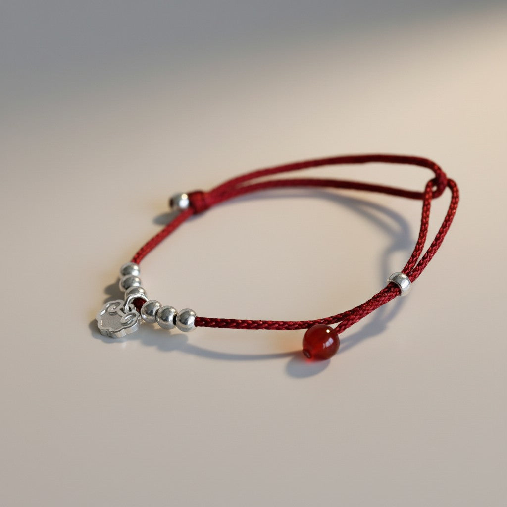 999 Fine Silver Chinese-Style Auspicious Cloud Lock Charm Braided Cord Bracelet Anklet