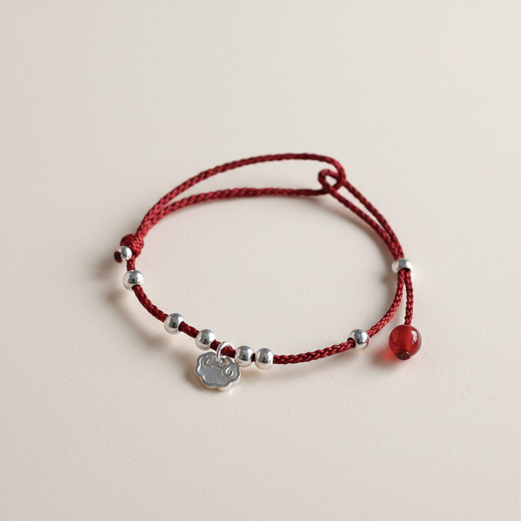 999 Fine Silver Chinese-Style Auspicious Cloud Lock Charm Braided Cord Bracelet Anklet